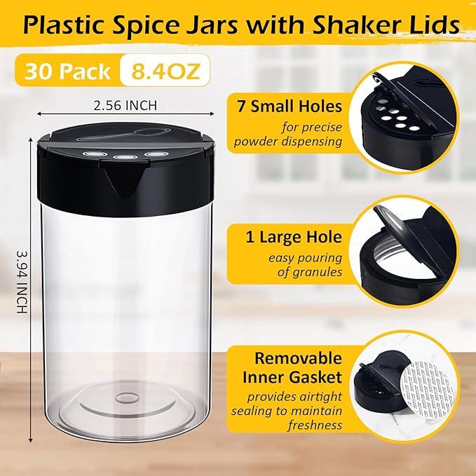 30 Pack 8.4 oz Plastic Spice Jars with Black Cap Empty Clear Plastic Spice Bottle Containers Reusable Seasoning Jars with Shaker Lids for Kitchen Storing and Dispensing Salt Powders