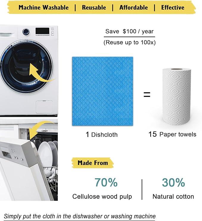 Swedish Dishcloths for Kitchen | 6 Pack Absorbent Cellulose Sponge Cloths Washable | Non-Scratch Reusable Paper Towels Quick Drying Cleaning Cloths - Blue