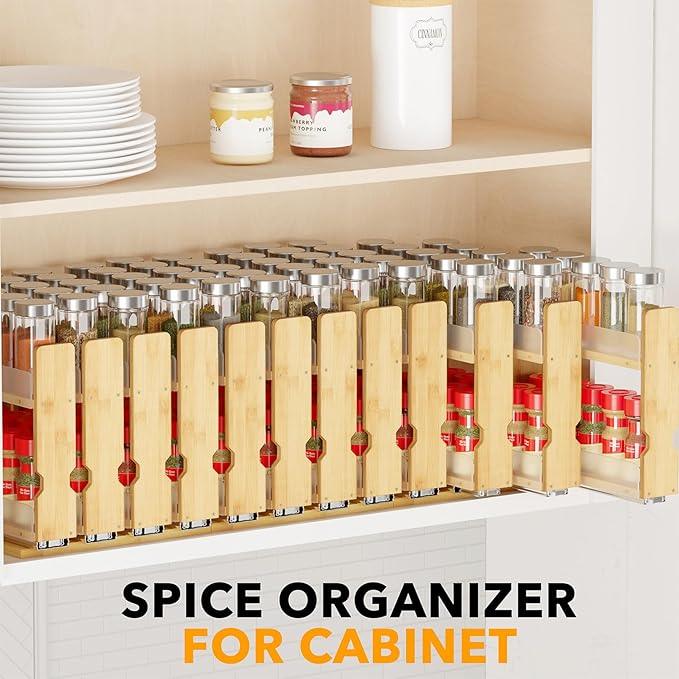 SpaceAid Bamboo Pull Out Spice Rack Organizer for Cabinet, Heavy Duty Slide Out Seasoning Kitchen Pantry Sliding Vertical Organization, 10.1