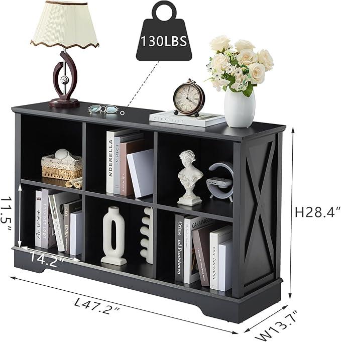 Farmhouse 6 Cube Bookshelf, Black Storage Organizer Bookcase, Kids Toy Storage Cabinet, Long Bookshelves Storage Organizer Shelf, Wood Display Cabinet Book Shelves for Bedroom,Living Room,Office