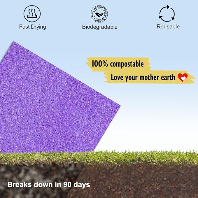Swedish Dishcloths - 10 Pack Reusable Kitchen Dishcloths - Ultra Absorbent Dish Towels for Washing Dishes - Cellulose Sponge Cloth Cleaning Cloths - Purple