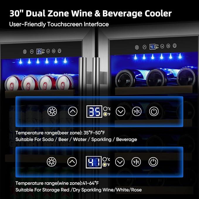 Wine and Beverage Refrigerator 30 Inch, Beverage Fridge Dual Zone with Upgraded Cooling, Wine Beverage Cooler Built-in or Freestanding, 30 Bottles and 110 Cans Large Capacity