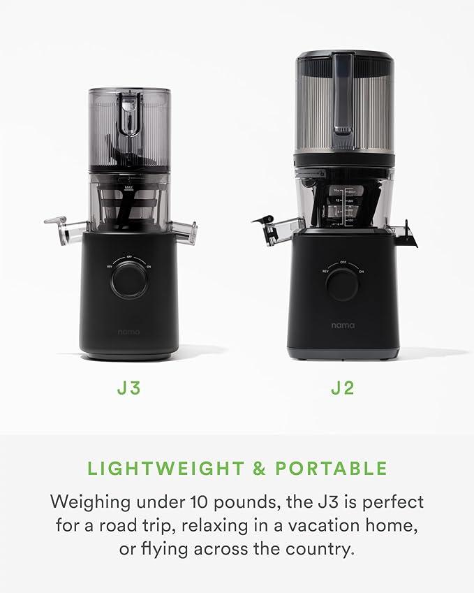 Nama J3 Compact Cold Press Juicer – Space Saving & Self Feeding for Hands-Free Operation – Lightweight, Portable Zero Waste Slow Masticating Juicer – Easy Cleanup & Assembly - Black