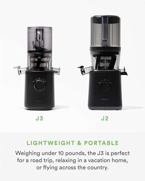 Nama J3 Compact Cold Press Juicer – Space Saving & Self Feeding for Hands-Free Operation – Lightweight, Portable Zero Waste Slow Masticating Juicer – Easy Cleanup & Assembly - Black