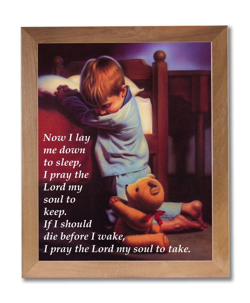 Religious Wall Art - Praying Boy Picture With Teddy Bear | Honey Wood Frame Print