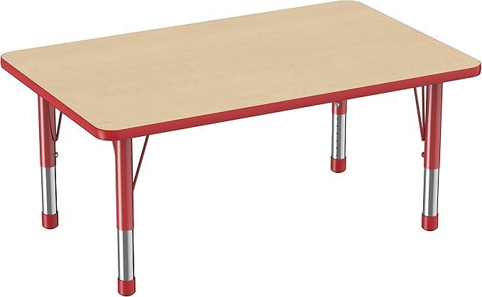 FDP Rectangle Activity School and Classroom Kids Table (30 x 48 inch), Chunky Toddler Legs, Adjustable Height 15-24 inches - Maple Top and Red Edge