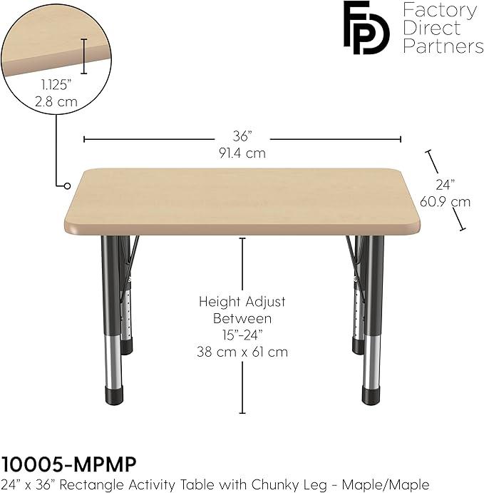 FDP Rectangle Activity School and Classroom Kids Table (24 x 36 inch), Chunky Toddler Leg, Adjustable Height 15-24 inches - Maple Top and Maple Edge