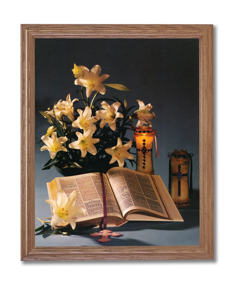Religious Framed Art - Open Holy Bible Lilies Floral Wall Picture With Oak Wood Frame