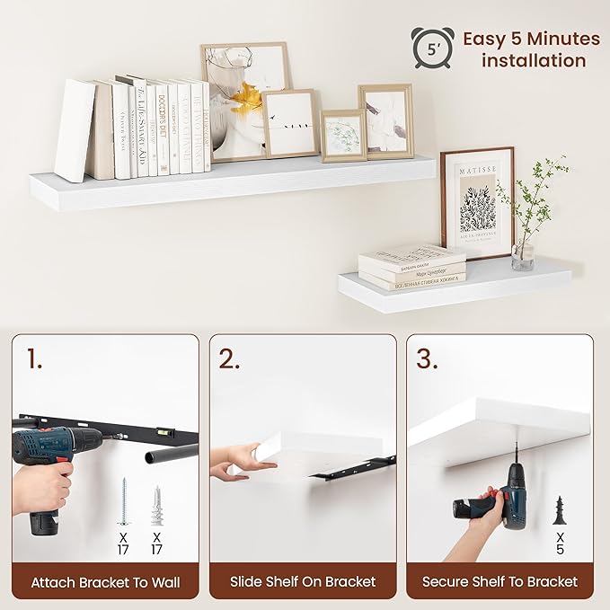 White Floating Shelves for Wall, 24 Inch X 12 Deep Shelves for Room Wall Mounted，2