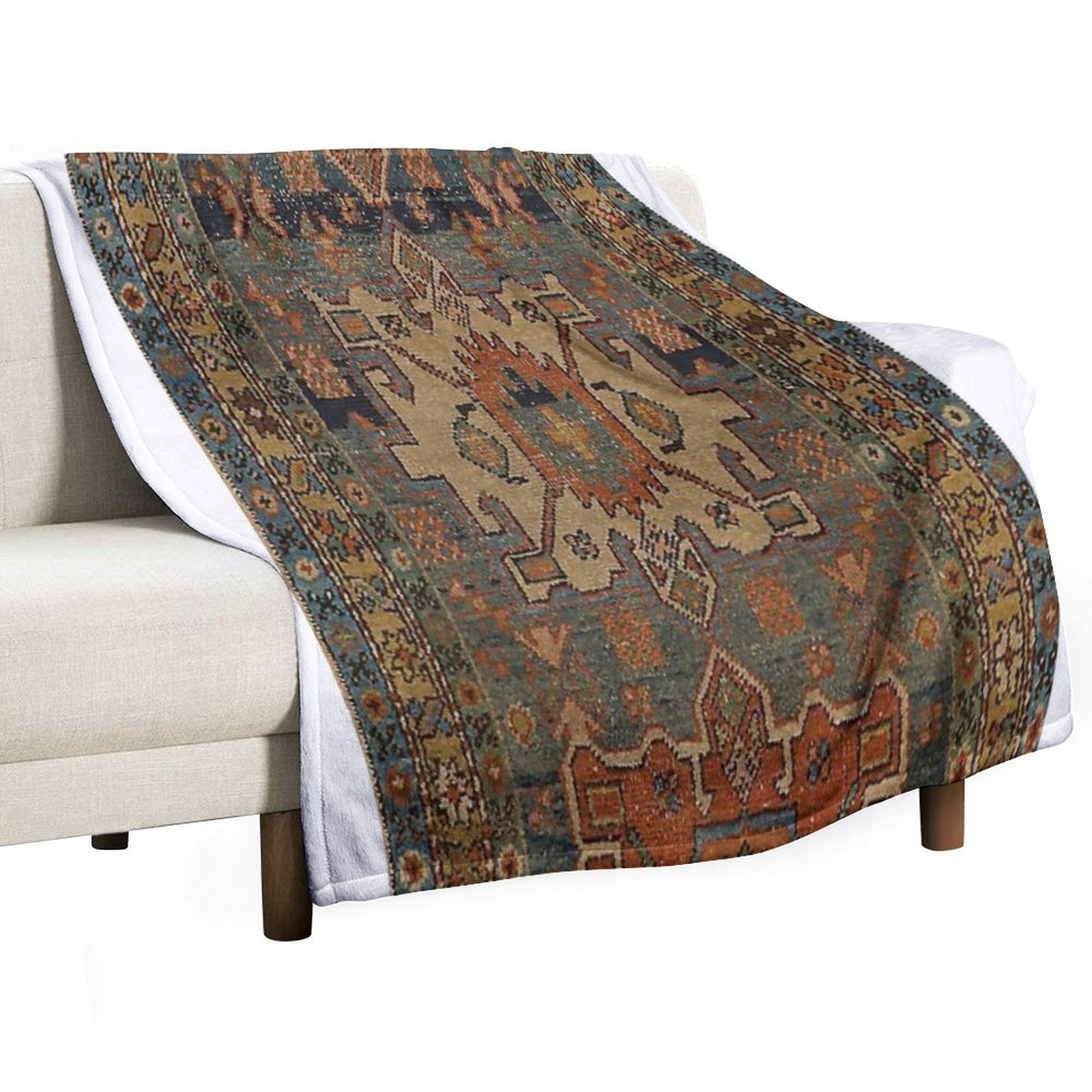 Persia Heriz 19th Century Authentic Colorful Picture of A Orange Blue And Green Rug Sustainable Throw Blanket