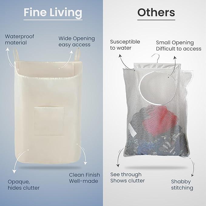 The Fine Living Co. Hanging Laundry Hamper with Over Door Hooks & Adhesive, Durable Space Saving Laundry Bag with Zipper and Wide Open Top, Hanging Dorm Laundry Hamper 18