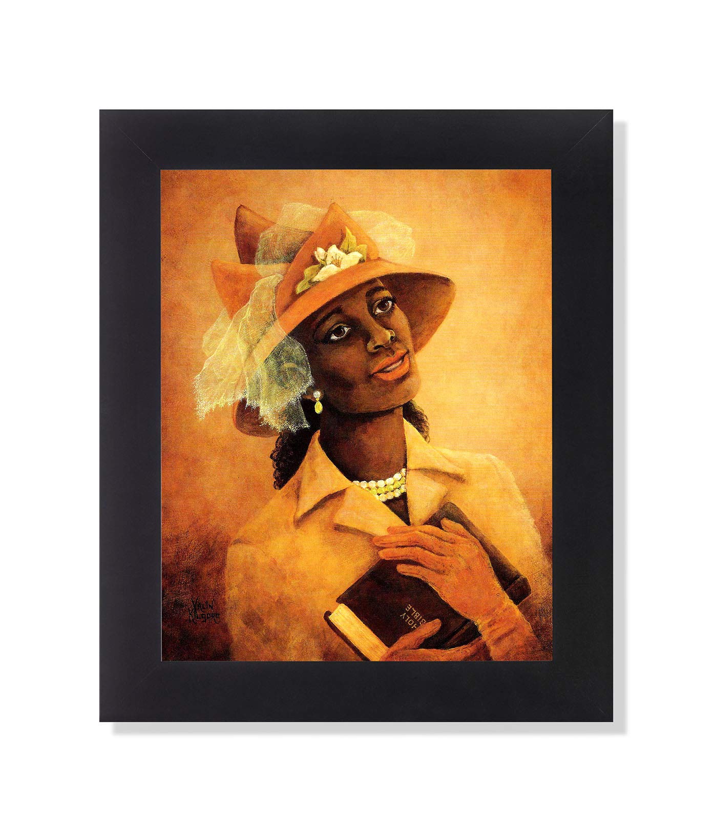 Framed Art Print - African American Woman Praying with Flower Hat | 8x10 Black Wood Frame