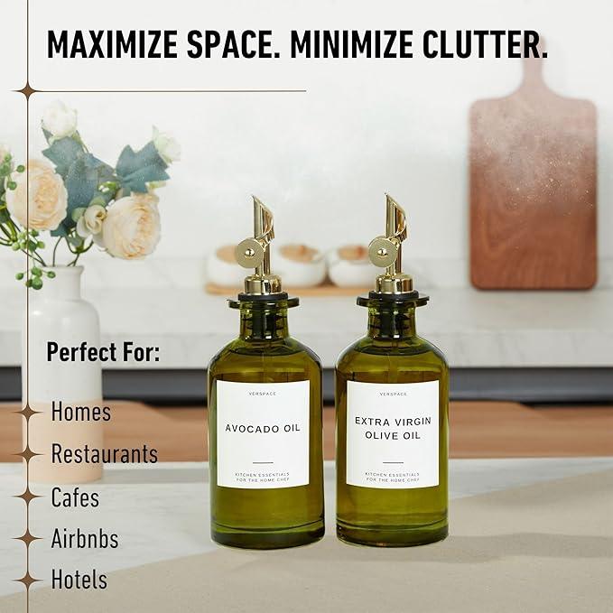 Green Glass Olive Oil Dispenser Bottle For Kitchen By Verpsace,Avocado Oil Dispenser Set, Modern Decor, Gold Kitchen Accessories for Home, Airbnb, Cafe (Gold, Set of 2)