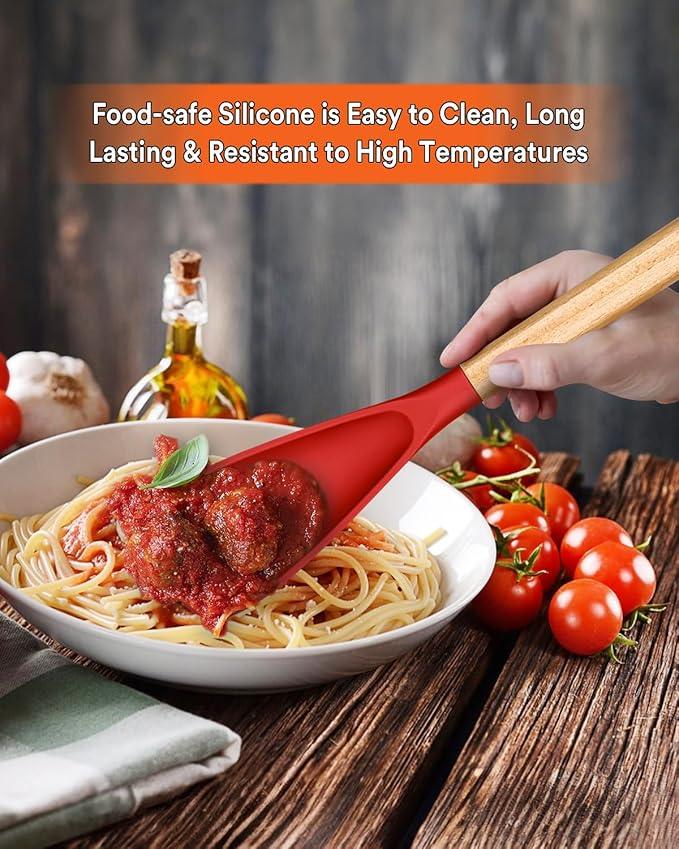 Multifunction Spatula Spoon for Nonstick Cookwares, Great for Cooking and Serving, Sturdy BPA-Free Matte Silicone, Wood Handle Spatula for Mixing, Scoop, and Scrape, Red(2 pack,11.4