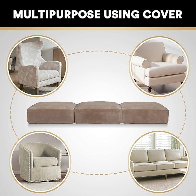 PrinceDeco Velvet Stretch Couch Cushion Cover Soft Cushion Slipcover for Chair Loveseat Sofa Cushion Furniture Protector Seat Cushion Sofa Cover (3 Piece XL Sofa Cushion Covers, Taupe)