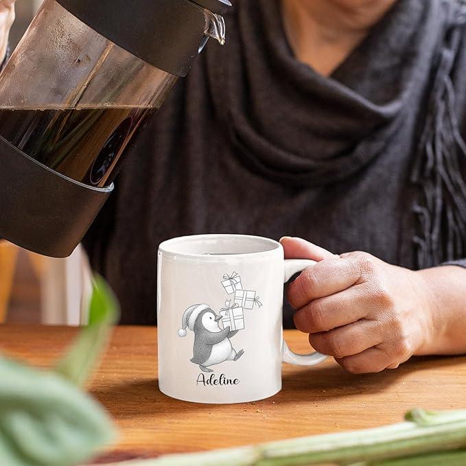 Personalized Penguin Accent Coffee Cup With Name, Cute Penguins Ceramic Mug Gift For Granddaughter Grandson Birthday, Customized Name Penguin White Coffee Mug 11 15 Oz, Novelty Penguins Lover Teacup