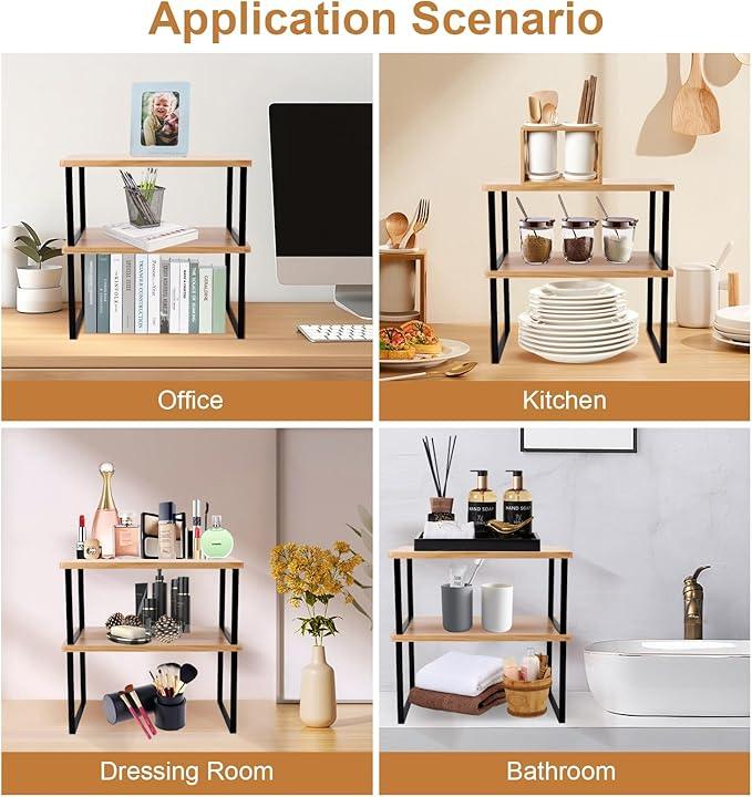 Bamber Large Cabinet Shelf Organizers Solid Wood Spice Rack Organizer for Cabinet Kitchen Countertop Storage, 16.5x10 Inches, Set of 2