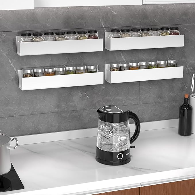 PMMASTO Adhesive Acrylic Spice Rack Organizer for Wall with Nano Double Sided Tape, Spice Shelf Organization for Kitchen Cabinet Door/Pantry Door, Wall Mount Seasoning Rack (White - 4 Pack)