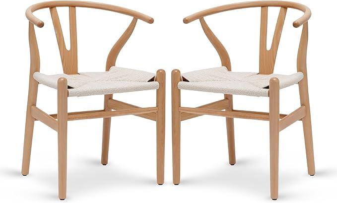 POLY & BARK Weave Dining Chairs – Mid-Century Modern Wishbone Dining Chairs with Arms, Solid Wood Frame, Indoor Use – Natural – Set of 2 - Ideal for Dining Room, Kitchen or Stylish Accent Setting