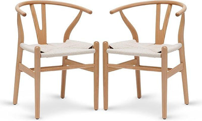 POLY & BARK Weave Dining Chairs – Mid-Century Modern Wishbone Dining Chairs with Arms, Solid Wood Frame, Indoor Use – Natural – Set of 2 - Ideal for Dining Room, Kitchen or Stylish Accent Setting