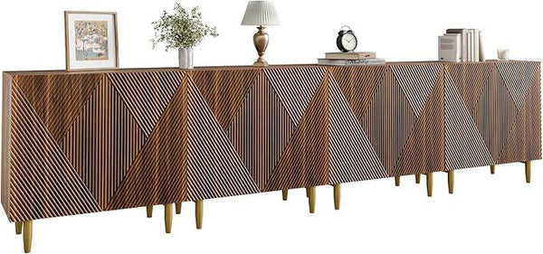 Set of 2 Fluted TV Stands with Storage, 65 Inch Accent Sideboard Large Console Table with Adjustable Shelves, Mid Century Modern TV Cabinets for Living Room, Dining Room, Walnut