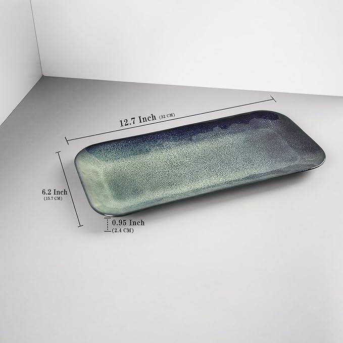 Serving Platters Set of 4, Rectangular Serving Plates, Serving Trays for Entertaining Party, Microwave,Oven,Dishwasher Safe,Kitchen Dinnerware, Blue reactive glaze 12.7 Inch