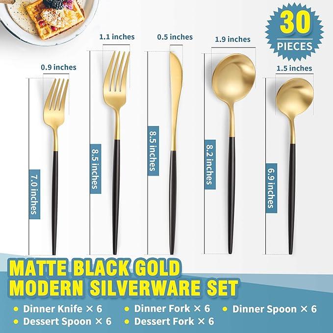 Matte Black Gold Silverware Set for 6,Modern Stainless Steel Brushed Cutlery Set,30-Pieces Heavy Duty Flatware Set,Knives Spoons and Forks Set Utensils Set, Satin Finish, Dishwasher Safe