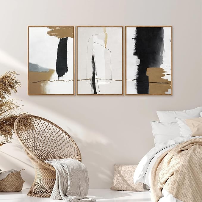 SIGNINART Black and White Abstract Framed Canvas Wall Art Set of 3, Beige Neutral Art Prints, Minimalist Modern Wall Decor for Living Room, Bedroom, Office,Above Couch 16