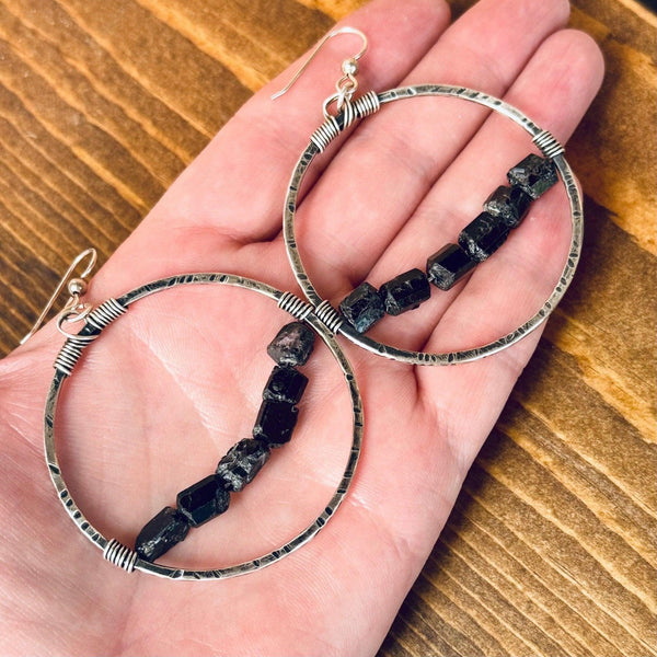 Silver Hoop Black Tourmaline - Bohemian | Handmade by Blackbird & Sage