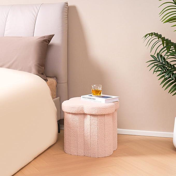 B FSOBEIIALEO Storage Ottoman Cube, Flowers Shaped Ottomans with Storage Foot Stool Footrest, Boucle Ottoman Seat for Dorm Room, Faux Teddy Fur, Pink 15
