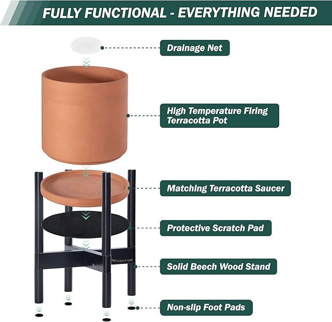 D'vine Dev Terracotta Planter with Ebony Stand - 10 Inch Modern Round Flower Pot with Wood Planter Holder, Terracotta, 55-B-L-5