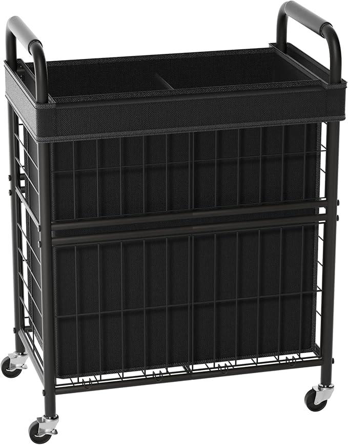 Laundry Hamper 2 Section, 110L Rolling Laundry Sorter Basket with Wheels, 2 Compartment Clothes Organizer Cart, Pull-Out Removable Bags for Laundry Room, Bathroom, Bedroom, Black