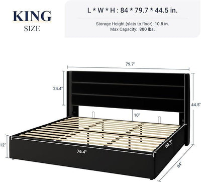 Allewie King Size Velvet Lift Up Storage Bed, Modern Wingback Headboard, Hydraulic Support, No Box Spring Needed, Black