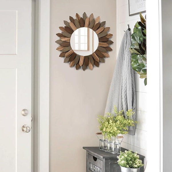 Honiway Boho Wall Decor 12 inch Decorative Mirror with Rustic Wood Sunburst Frame, Perfect for Bedroom, Living Room, Bathroom, Kitchen