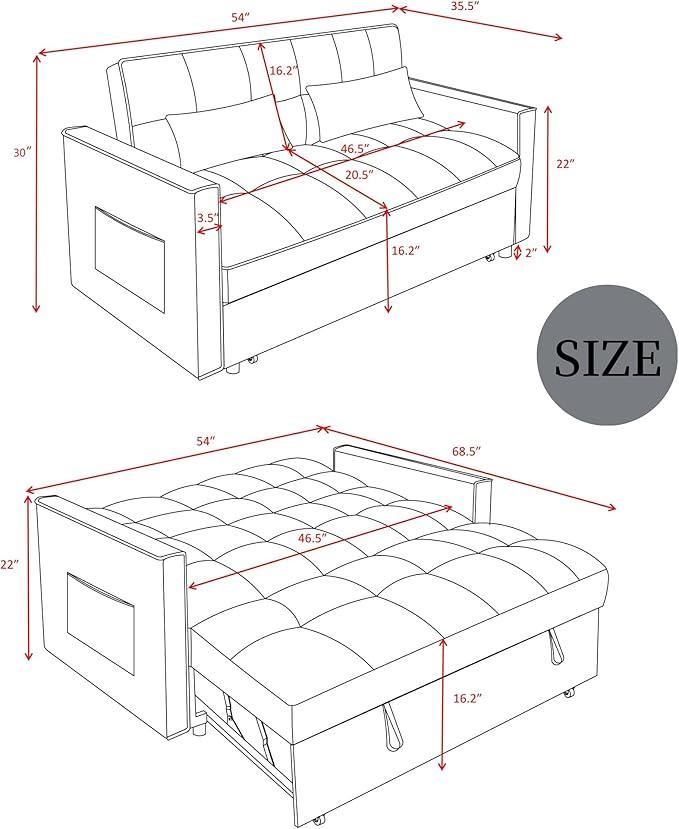 3 in 1 Sleeper Sofa Bed, Futon Sofa Bed for Living Room with Side Pocket, Blue Sleepers Sofas Couch with Pullout Beds, Convertible Love Seat Sleepers couch for Living Room, Bedroom, Small Space