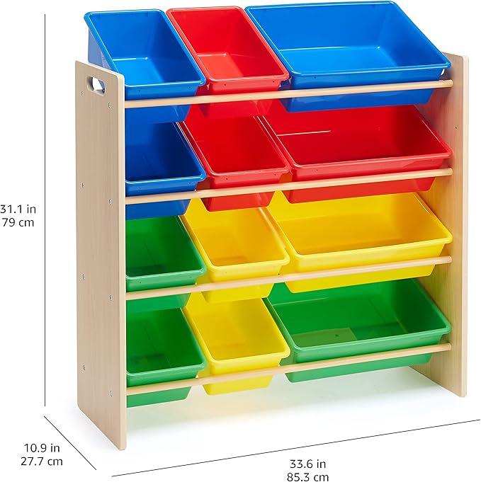 Amazon Basics Kids Toy Storage Organizer With 12 Plastic Bins, Natural Wood With Bright Bins, 10.9