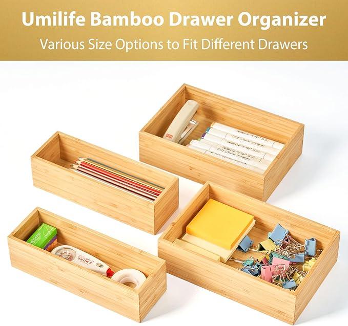 Umilife Bamboo Kitchen Drawer Organizer, Extra High Silverware Tray, Flatware Cutlery Storage Box, Multi-Use Holder in Office, Bathroom, Pantry - 9