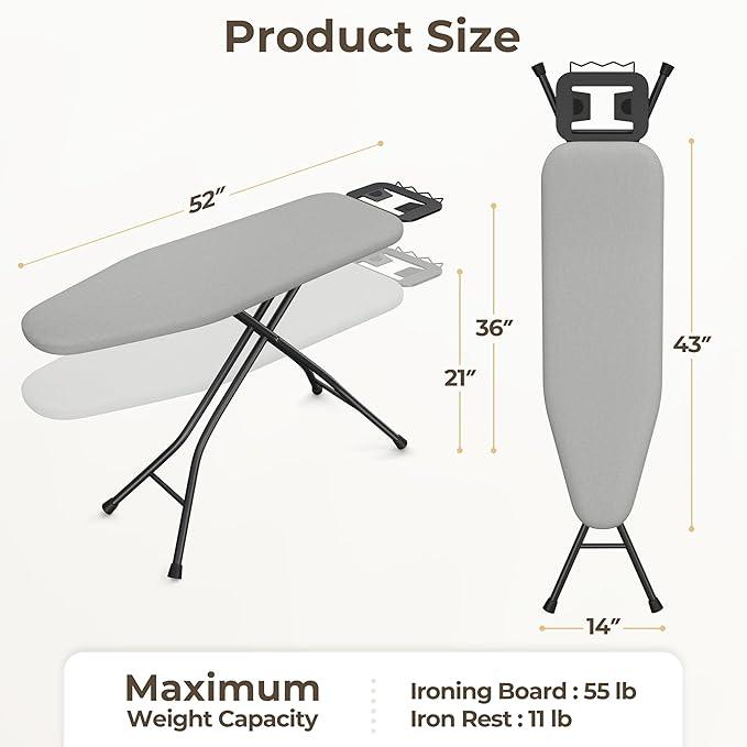 Yaheetech Foldable Ironing Board, Heavy Duty Iron Board with 9 Adjustable Heights, 4 Layer Cover and Safety Iron Rest, 52X14 Compact and Space Save Iron Board for Home Laundry Room Use, Gray