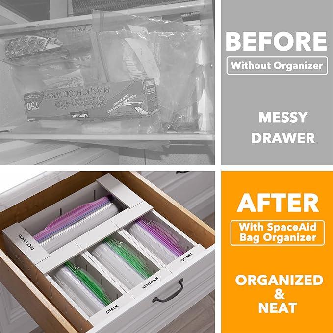 SpaceAid Bag Storage Organizer for Kitchen Drawer, Bamboo Organizer, Compatible with Gallon, Quart, Sandwich and Snack Variety Size Bag (4 Pack), White