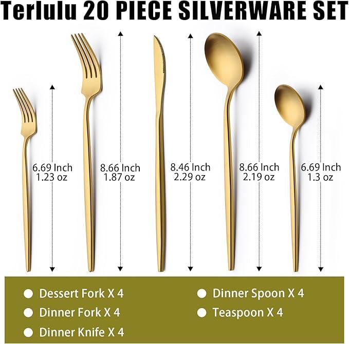 20 Piece Gold Silverware Set for 4, Terlulu Stainless Steel Flatware Set, Gold Cutlery Set Utensils Set, Tableware Include Forks Knives Spoons for Home Kitchen Restaurant Wedding, Satin Finish
