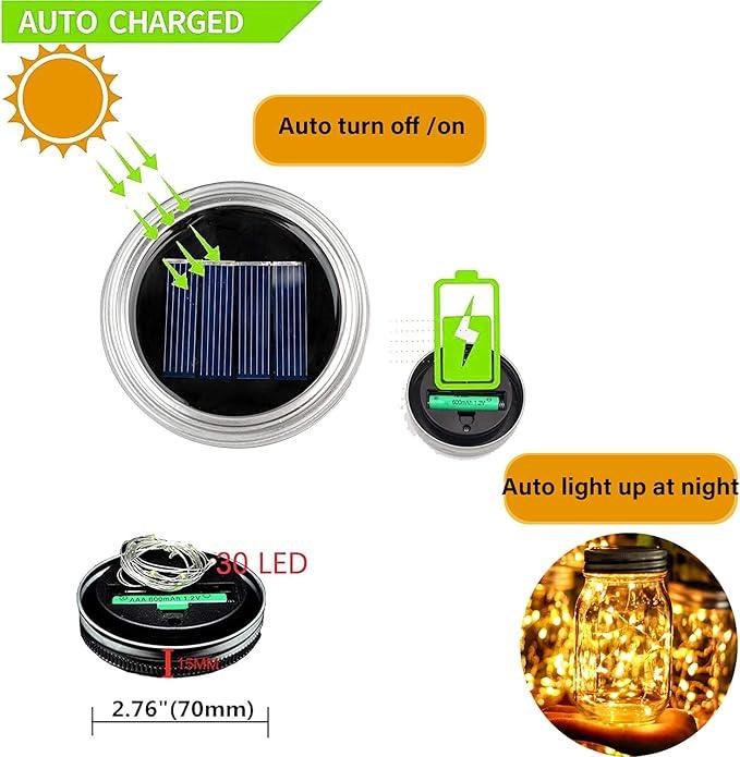 Solar Mason Jar Lights Lids, 12 Pack 30 Led Fairy Lights(Jars Not Included), Outdoor Hanging Mason Jar Solar Lights, Fairy in a Jar Firefly Lights for Patio Garden Table Decor Gifts