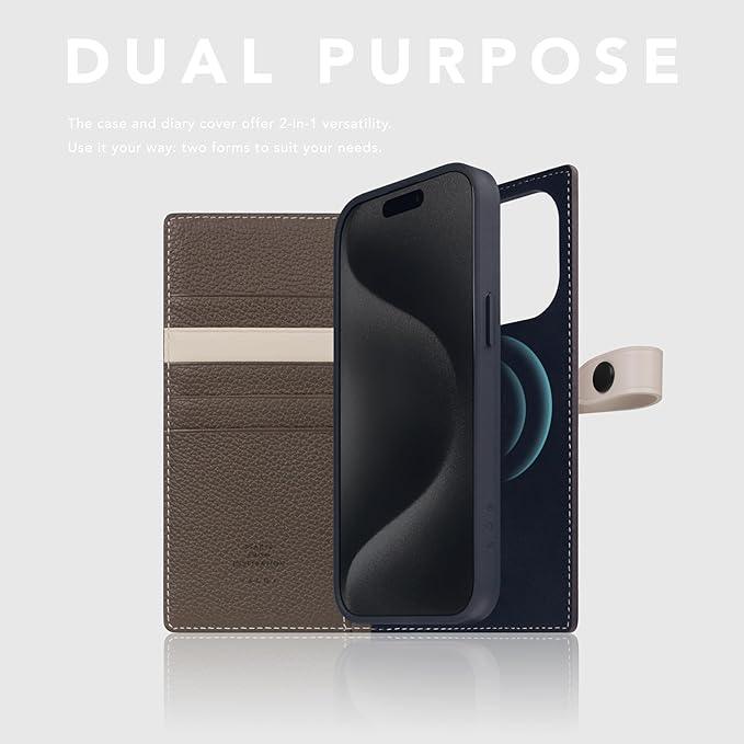 D8 Edition Full Grain Leather Wallet Case for iPhone 15 Pro Max - [2-in-1] Handcrafted Detachable Diary Style with Magnetic MagSafe Back Cover and Snap Closure, Gift Box Included (Etoffe Cream)