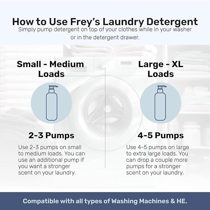 FREY Concentrated Liquid Laundry Detergent | Formulated for Sensitive Skin & HE Washers | Removes Stains Effectively | 50 Loads per Bottle (1-pack Bergamot Beach)