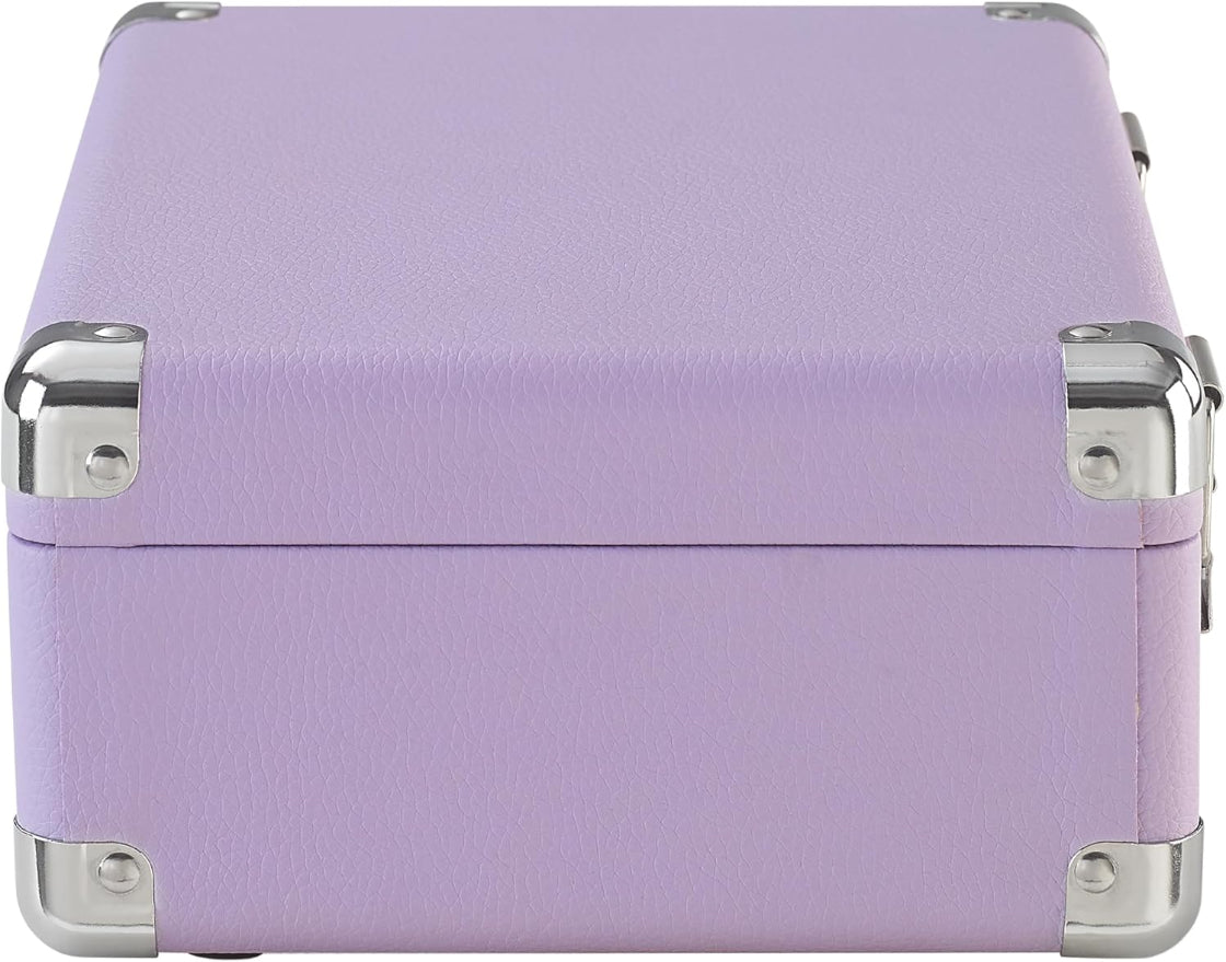 Purple makeup case with silver accents on a white background