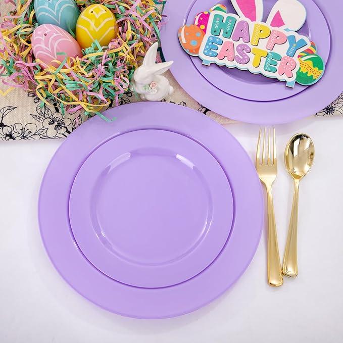 FLOWERCAT 60PCS Purple Plates - Heavy Duty Purple Plastic Plates Disposable for Easter Party/Wedding - Include 30PCS 10.25