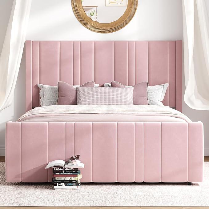 HOMBCK Queen Bed Frame Pink Upholstered Bed with Vertical Channel Tufted Headboard & 22