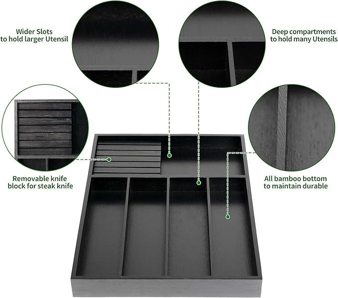 VaeFae Bamboo Silverware Organizer, Utensil Holder for Drawer, Wooden Cutlery Tray with Divider for Kitchen Drawer, Utensil Organizer with Knife Block（Black）