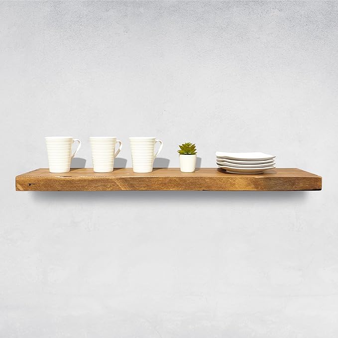 URBANDI, Rustic Floating Shelves, Set of 2, Hidden Bracket, Solid Wood, Heavy Duty, Wall Mounted Shelves, (Brown, 48Wx8D)