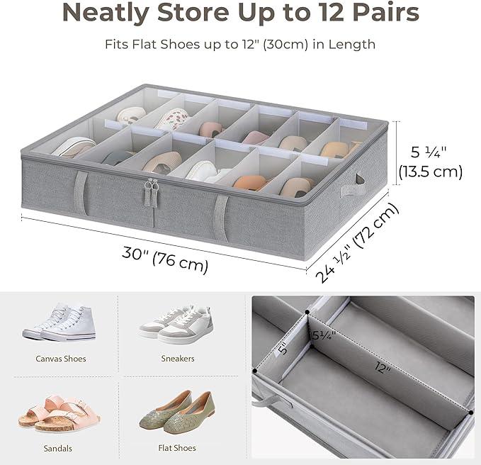 StorageWorks Under Bed Shoe Storage Organizer, Underbed Shoes Container with Adjustable Dividers, Shoe Storage Basket with Cover, Grey, 2-Pack, Space-Saving Shoe Box Fits up to 24 Pairs
