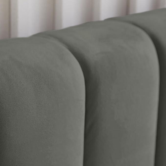 Livinia Queen Size Elton Velvet Platform Bed, Upholstered Bed Frame with Vertical Channel Tufted Headboard Footboard, Strong Wood Slats, No Box Spring Needed, Gray (Queen)
